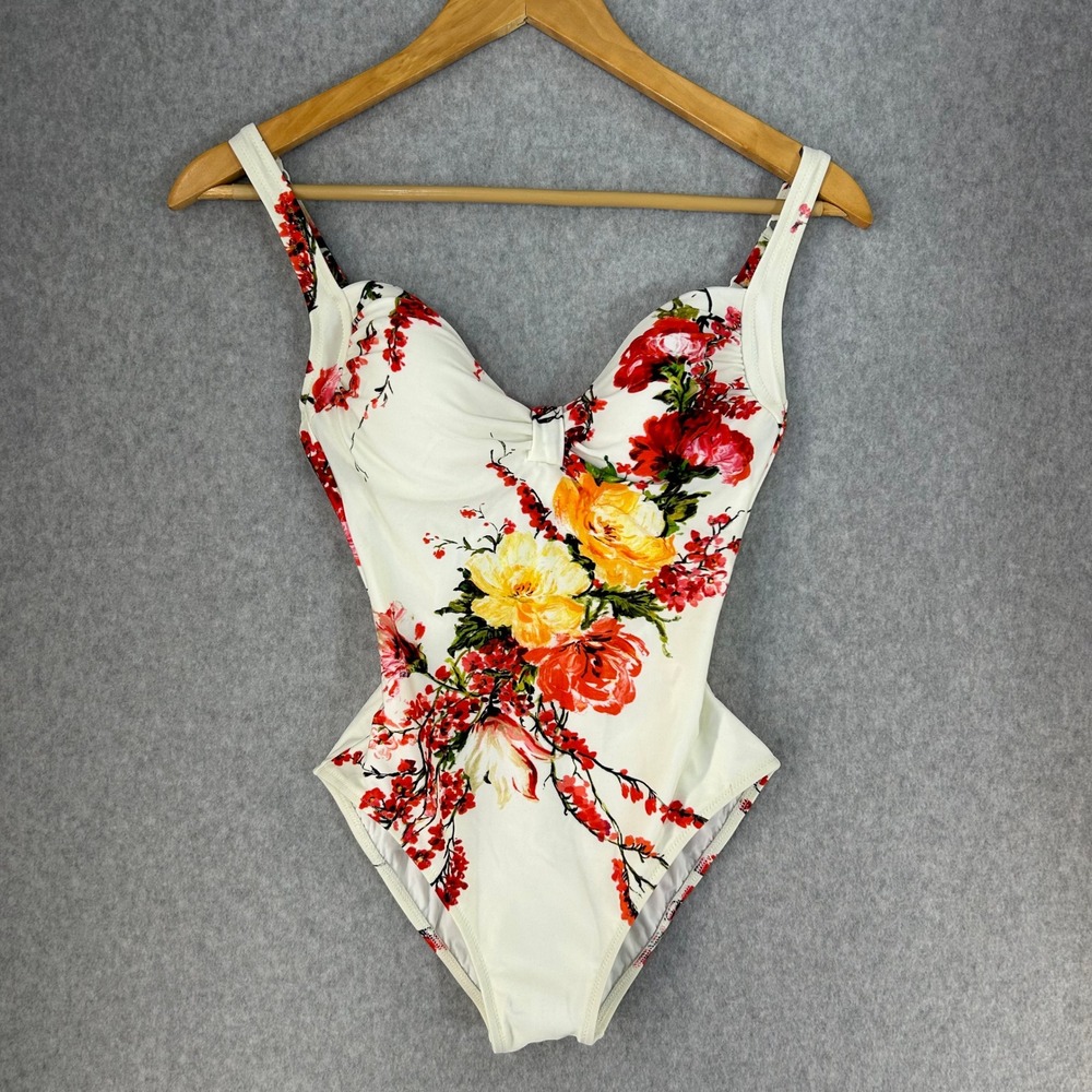 Diva by Rachel Pappo Floral Underwire One Piece Swimsuit White Red‎ US 6 C Cup